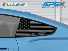 Load image into Gallery viewer, Blue Ford Mustang S550 with quarter window decal featuring black American flag design and EcoBeast cutout, showcasing custom Apex Auto Styling product for 2015-2023 models