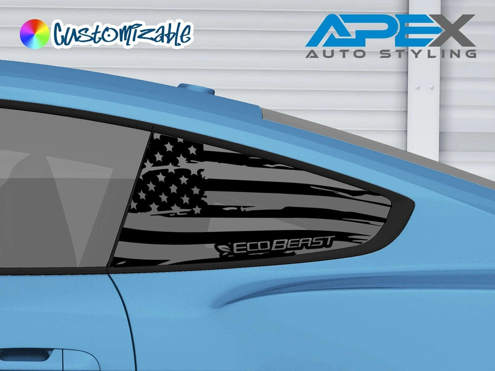 Blue Ford Mustang S550 with black quarter window decal featuring American flag design and EcoBeast logo cutout, showcasing Apex Auto Styling customization for 2015-2023 models