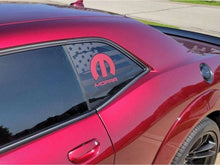Load image into Gallery viewer, Dodge Challenger quarter window with custom MOPAR logo decal in red, applied to a metallic red car body, showcasing sleek design and brand customization