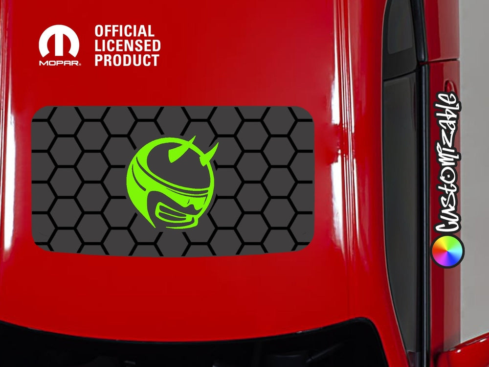 Dodge Challenger sunroof decal featuring bright green Demon Bee logo on black hexagonal background, displayed on red car roof. Mopar official licensed product badge visible.
