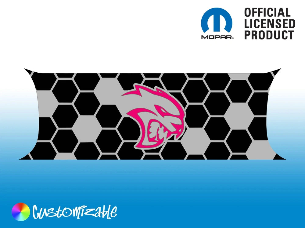 Customizable Dodge Challenger taillight divider decal with black hexagon pattern and pink Hellcat logo, official Mopar licensed product