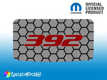 Load image into Gallery viewer, Dodge Challenger sunroof decal featuring red &#39;392&#39; logo on gray hexagonal pattern background, with Mopar official licensed product logo and customizable label in corner