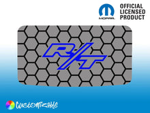 Load image into Gallery viewer, Dodge Challenger R/T logo sunroof decal mockup on hexagonal pattern background, with Mopar official licensed product logo and customizable color options indicator