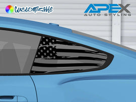 Blue Ford Mustang S550 with black American flag quarter window decal, showcasing stars and stripes design. Apex Auto Styling logo visible in corner.