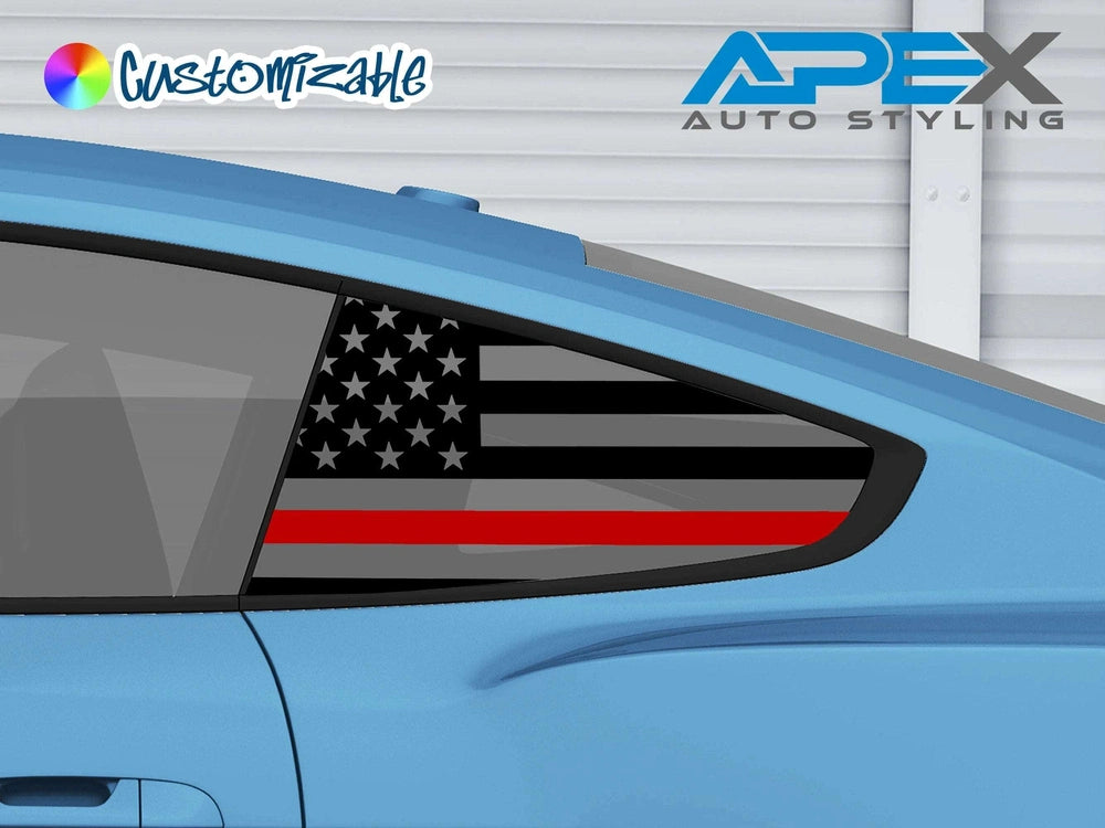 Ford Mustang quarter window decal featuring a stylized American flag with a thin red line, representing support for firefighters, displayed on a blue car body. Custom vinyl decal for 2015-2023 S550 Mustang models.