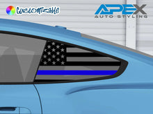 Load image into Gallery viewer, Blue Ford Mustang with custom quarter window decal featuring a black and white American flag with a blue stripe, representing support for law enforcement. The decal is precision-cut to fit the window shape perfectly.