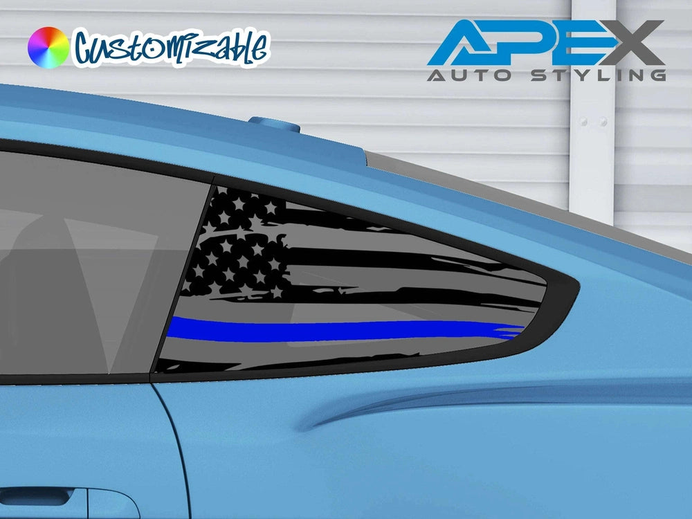 Blue Mustang with custom quarter window decal featuring American flag design with thin blue line, representing police support. Decal fits precisely on car's window, showcasing patriotic and law enforcement support theme.
