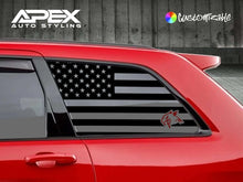 Load image into Gallery viewer, Red Jeep Grand Cherokee with black American flag and hawk logo quarter window decal, showcasing custom styling for 2011-2021 models