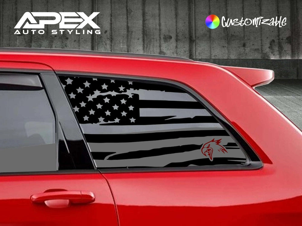 Red Jeep Grand Cherokee with black quarter window decal featuring American flag design and small hawk logo, showcasing custom Apex Auto Styling product for 2011-2021 models
