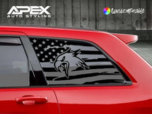 Load image into Gallery viewer, Red Jeep Grand Cherokee with black quarter window decal featuring American flag design and Trackhawk eagle head logo, showcasing custom vinyl application for 2011-2021 models