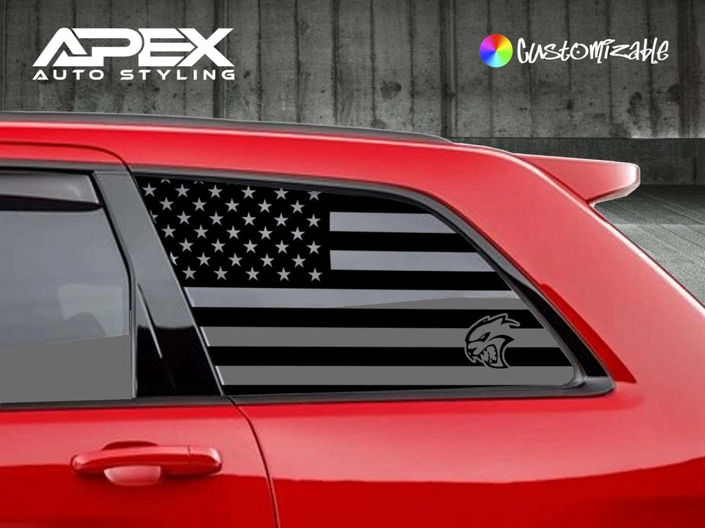 Red Jeep Grand Cherokee with custom black American flag and Hellcat logo decal on quarter window, showcasing Apex Auto Styling product for 2011-2021 models