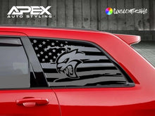 Load image into Gallery viewer, Red Jeep Grand Cherokee with custom black Hellcat logo and American flag decal on quarter window, showcasing Apex Auto Styling product for 2011-2021 models