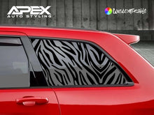 Load image into Gallery viewer, Red Jeep Grand Cherokee with zebra stripe pattern decal on quarter window, showcasing custom Apex Auto Styling product for 2011-2021 models