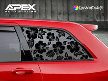 Load image into Gallery viewer, Red Jeep Grand Cherokee with floral pattern quarter window decals, showcasing custom black vinyl design for 2011-2021 models, enhancing vehicle aesthetics with precise fit and easy installation