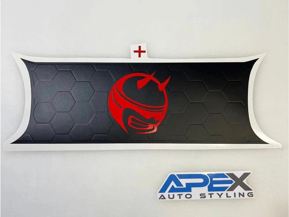 Challenger taillight divider decal with red Demon Bee logo on black hexagonal background, featuring Apex Auto Styling branding below