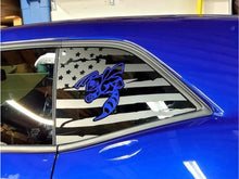 Load image into Gallery viewer, Blue Dodge Challenger with custom quarter window decal featuring American flag design and stylized hornet logo, showcasing the product&#39;s appearance on the vehicle