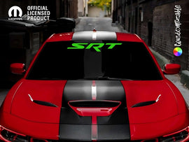 Red Dodge Challenger or Charger with black racing stripes and bright green SRT logo on windshield, parked in urban alley. Official licensed product logo in top left corner.