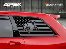 Load image into Gallery viewer, Jeep Grand Cherokee with custom quarter window decal featuring Trackhawk logo and American flag design, displayed on a red vehicle against industrial background, showcasing Apex Auto Styling product for 2011-2021 models