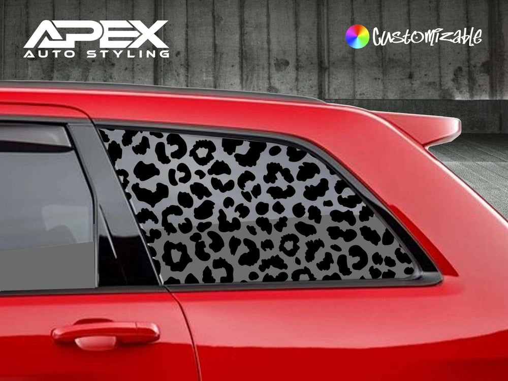 Red Jeep Grand Cherokee with cheetah print quarter window decals, showcasing custom Apex Auto Styling product for 2011-2021 models, enhancing vehicle appearance with unique pattern