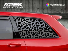 Load image into Gallery viewer, Red Jeep Grand Cherokee with cheetah print quarter window decals, showcasing custom Apex Auto Styling product for 2011-2021 models, enhancing vehicle appearance with unique pattern