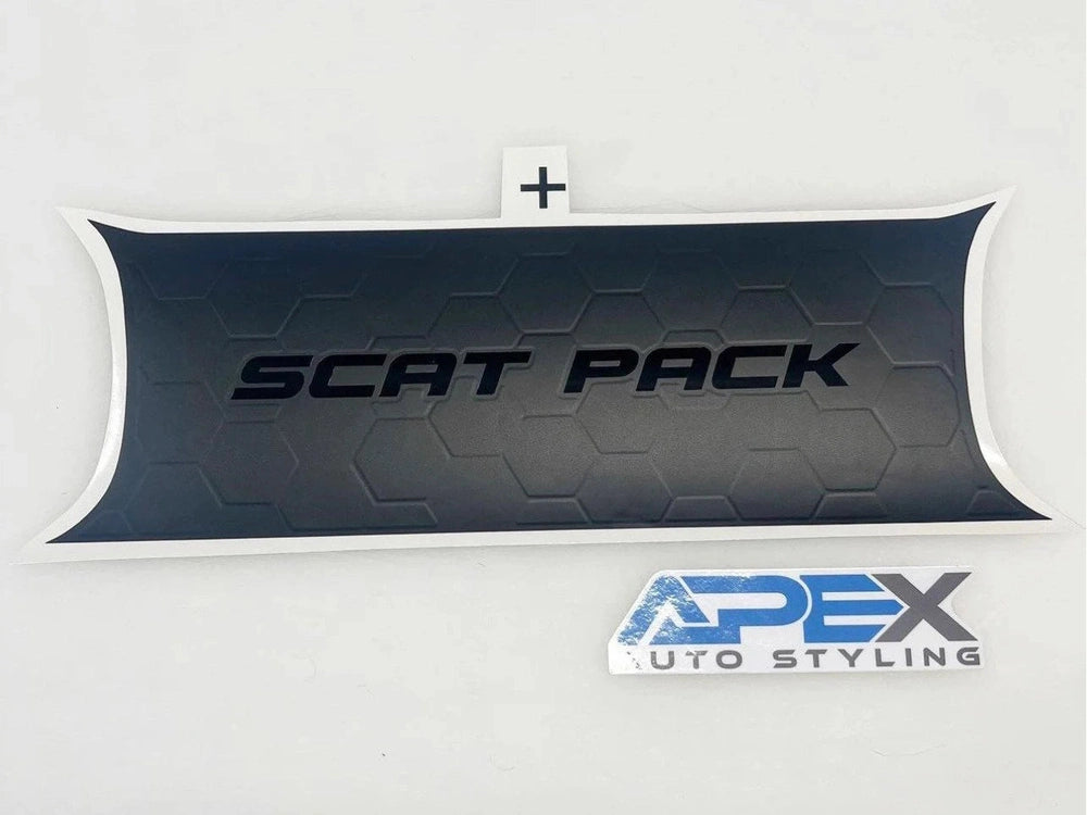 Challenger taillight divider decal with "SCAT PACK" text and hexagonal pattern, showcasing Apex Auto Styling logo beneath. Product displayed on white background for clear visibility of design and branding.
