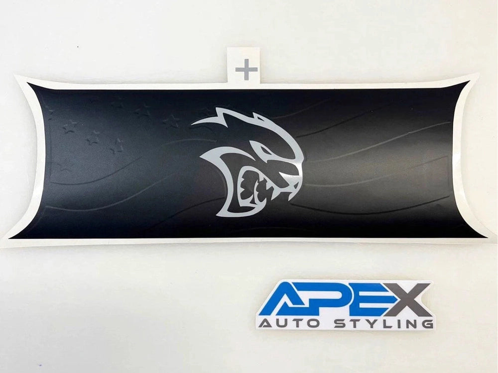 Dodge Challenger taillight divider decal with Hellcat logo, showcasing black background and silver emblem design, displayed above Apex Auto Styling logo