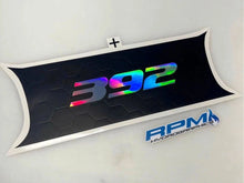 Load image into Gallery viewer, Challenger taillight divider decal featuring iridescent 392 logo on black hexagonal pattern background, with RPM Hydro Graphics branding below