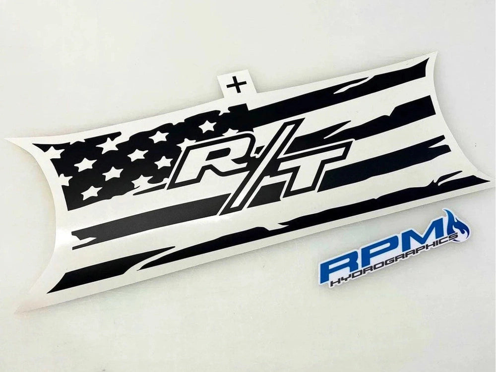 Dodge Challenger R/T taillight divider decal with American flag design, featuring black and white stripes, stars, and R/T logo, alongside RPM Autographics branding