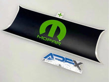 Load image into Gallery viewer, Challenger taillight divider decal featuring bright green MOPAR logo on matte black background, with additional APRX logo decal below, showcasing customizable automotive accessory for Dodge Challenger models.