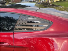 Load image into Gallery viewer, Red Ford Mustang with American flag decal on quarter window, showcasing custom vinyl design for S550 model. Tree reflections visible on shiny exterior.
