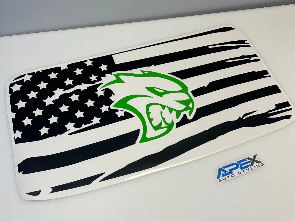 Dodge challenger sunroof decal - matte black with a go green srt hellcat logo. Apex Auto Styling 