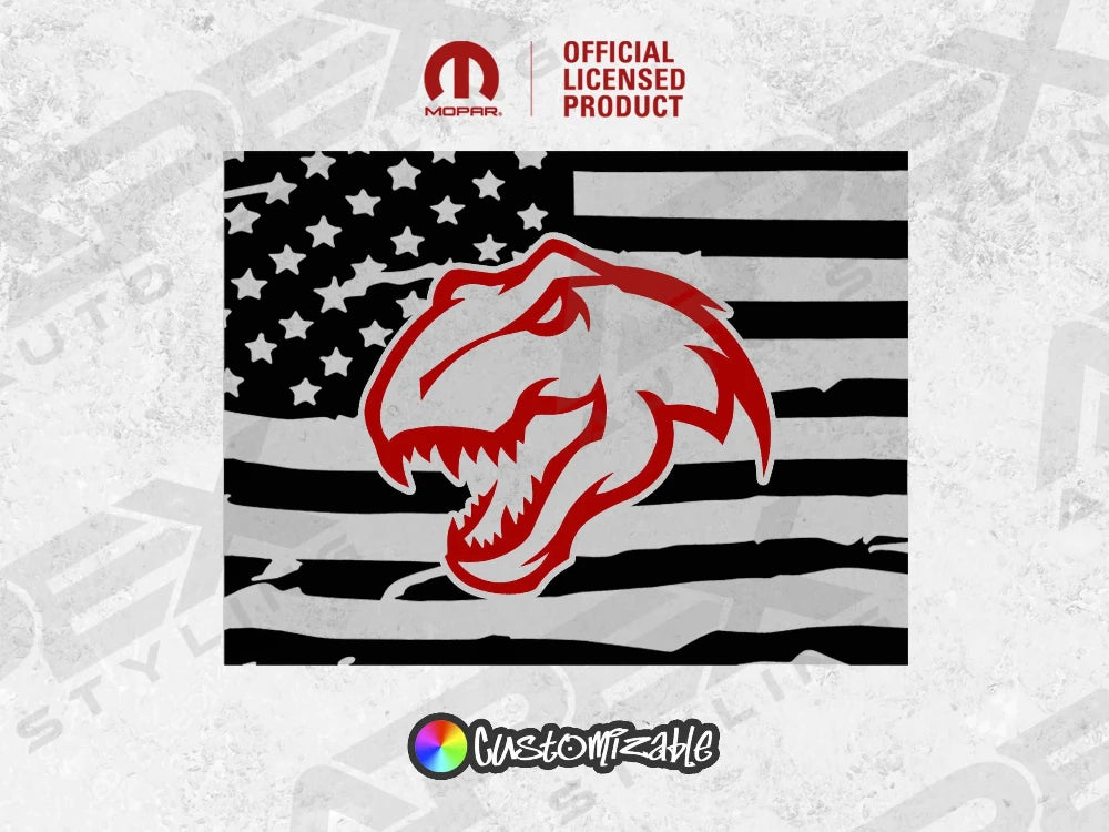 RAM rear sliding window decal featuring TRX dinosaur logo on American flag background, customizable colors, official licensed product for 2009+ RAM pickups