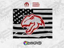 Load image into Gallery viewer, RAM rear sliding window decal featuring TRX dinosaur logo on American flag background, customizable colors, official licensed product for 2009+ RAM pickups