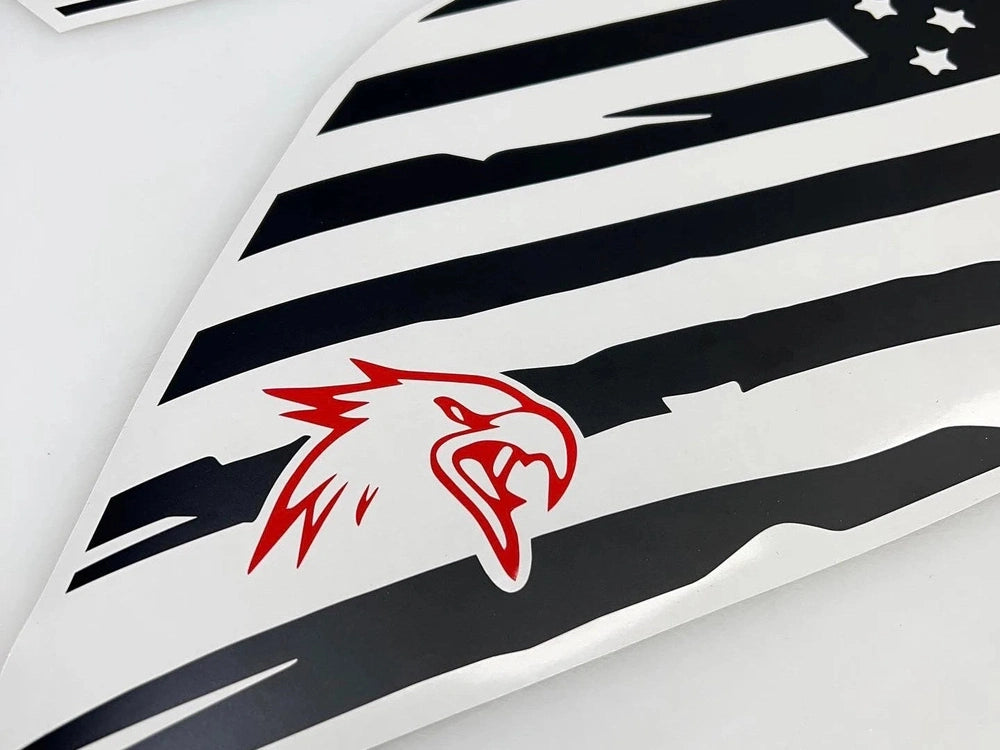 Black and white American flag decal with red hawk logo for Jeep Grand Cherokee quarter window, custom vinyl design for 2011-2021 models, patriotic automotive accessory