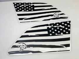 Black and white American flag decals with Hellcat logo for Jeep Grand Cherokee quarter windows, showing both driver and passenger side designs