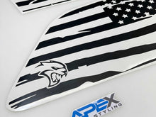 Load image into Gallery viewer, Black and white American flag quarter window decal for Jeep Grand Cherokee with Hellcat logo, featuring distressed stripes and stars design. Apex Styling logo visible in corner.