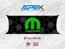 Load image into Gallery viewer, Challenger taillight divider decal with black honeycomb pattern and green MOPAR logo, customizable design by Apex Auto Styling, official licensed product