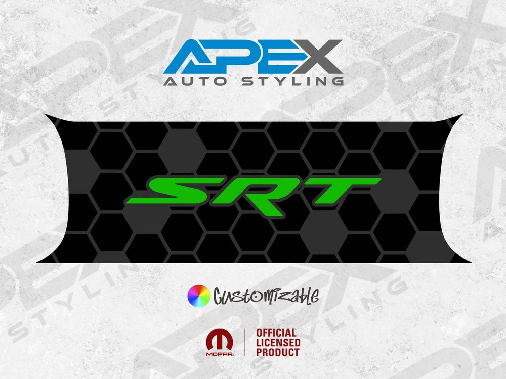 Customizable Challenger taillight divider decal with SRT logo. Black honeycomb pattern background with bright green SRT text. Apex Auto Styling branding and official licensed product logos visible.