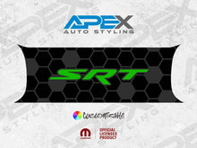 Load image into Gallery viewer, Customizable Challenger taillight divider decal with SRT logo. Black honeycomb pattern background with bright green SRT text. Apex Auto Styling branding and official licensed product logos visible.
