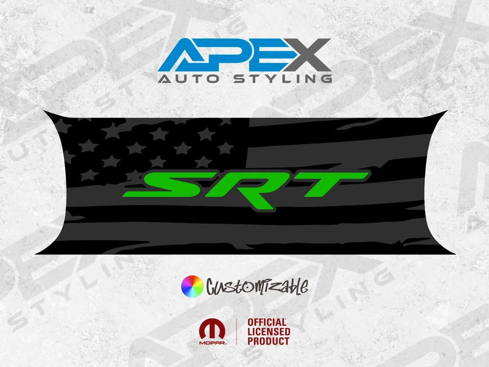Customizable Challenger taillight divider decal with black American flag pattern and green SRT logo, showcasing Apex Auto Styling brand and official licensing