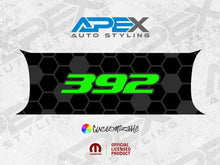 Load image into Gallery viewer, Customizable Challenger taillight divider decal with black honeycomb pattern and green 392 logo, showcasing Apex Auto Styling brand and official licensing