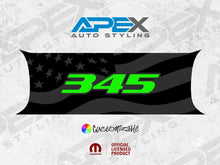 Load image into Gallery viewer, Customizable Challenger taillight divider decal with black American flag design and green 345 logo, showcasing Apex Auto Styling brand and official licensing