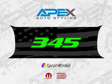 Load image into Gallery viewer, Customizable Challenger taillight divider decal featuring black American flag pattern with neon green 345 logo, official licensed product by Apex Auto Styling