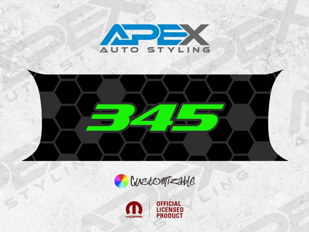 Customizable Challenger taillight divider decal with black hexagonal pattern and green 345 logo, showcasing Apex Auto Styling branding and official licensed product status.
