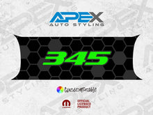 Load image into Gallery viewer, Customizable Challenger taillight divider decal with black hexagonal pattern and green 345 logo, showcasing Apex Auto Styling branding and official licensed product status.