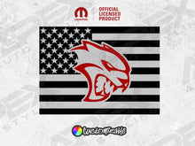 Load image into Gallery viewer, Custom RAM truck rear window decal featuring black and white American flag design with red Hellcat logo, official licensed product for 2009+ models, customizable color options available