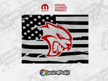 Load image into Gallery viewer, Custom Hellcat logo decal for RAM truck rear sliding window, featuring a stylized red cat head on a black and white American flag background, with official licensed product seal