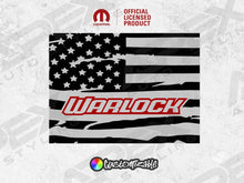 Load image into Gallery viewer, Custom RAM truck rear window decal featuring distressed American flag design with Warlock logo, officially licensed product for 2009+ models, showcasing customizable color options and precision-cut fitment