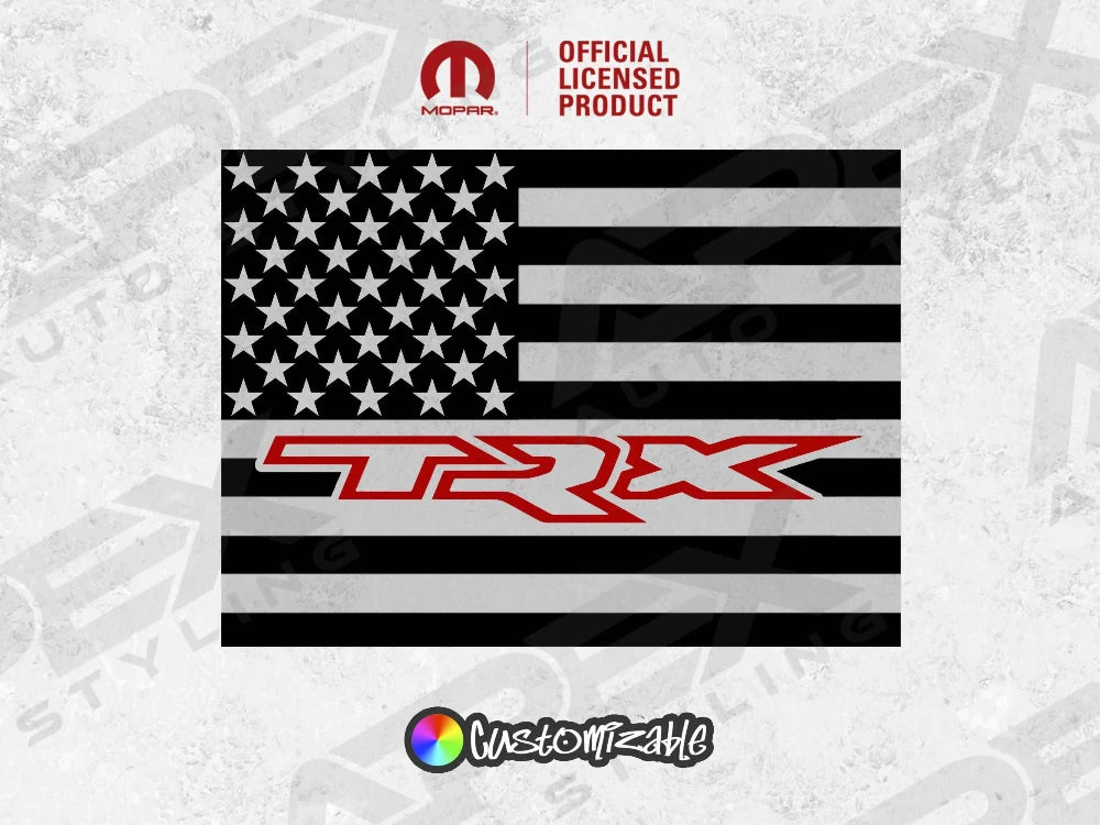 Custom RAM rear sliding window decal featuring black American flag design with TRX logo, official licensed product for 2009+ RAM pickups, customizable colors available
