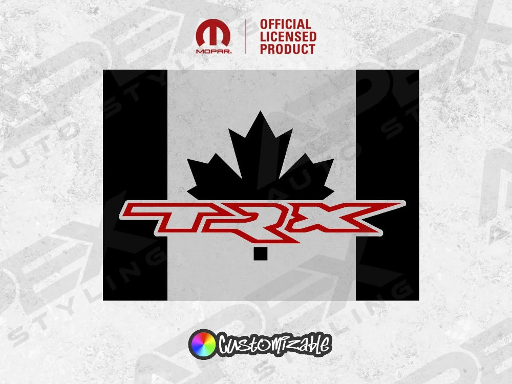 Custom RAM rear sliding window decal featuring TRX logo on Canadian flag design, with matte black background and red logo. Official licensed product by Mopar, customizable color options available.
